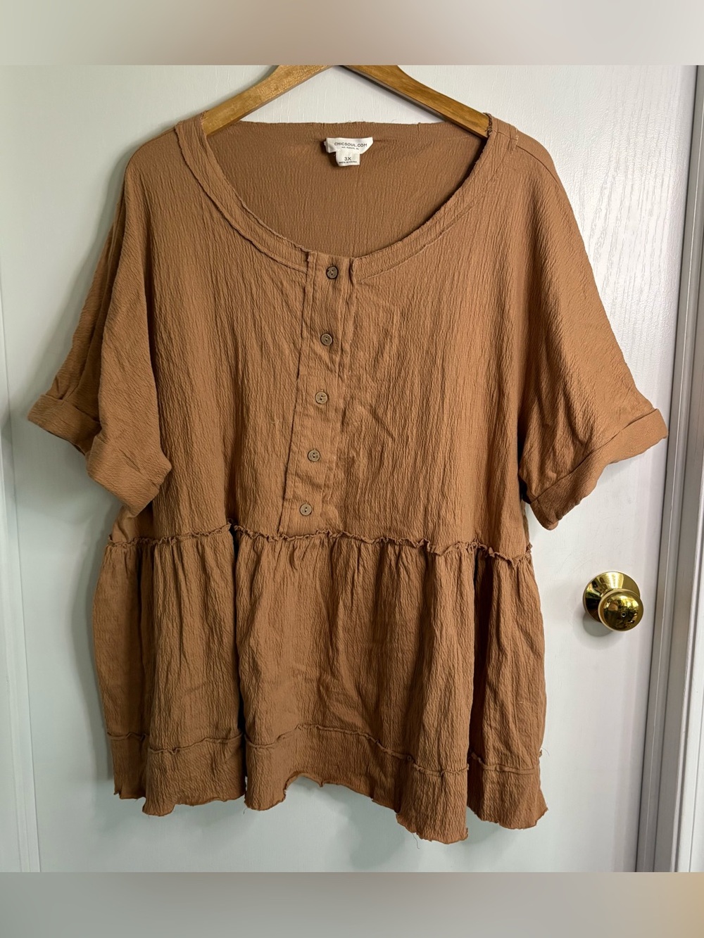 Chicsoul.com 3X Crinkle Cotton Gauze Button-Front Short Sleeve Tunic Babydoll